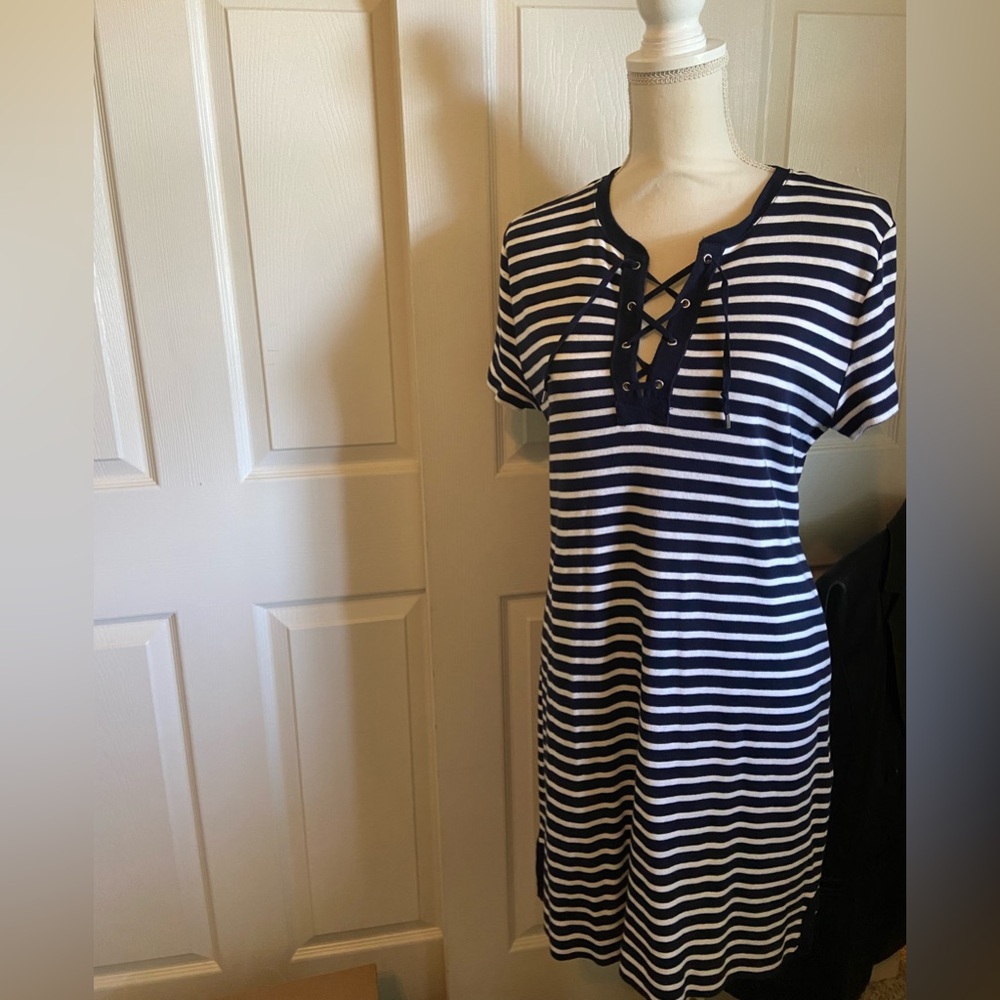 Chaps Navy and White petite large short sleeve Striped Dress
